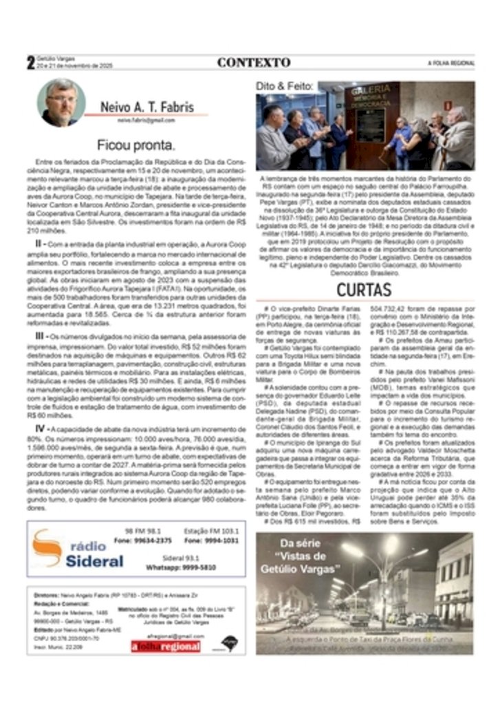 Ficou pronta. Por Neivo A T Fabris. Edição de 20 e 21/11/2025.