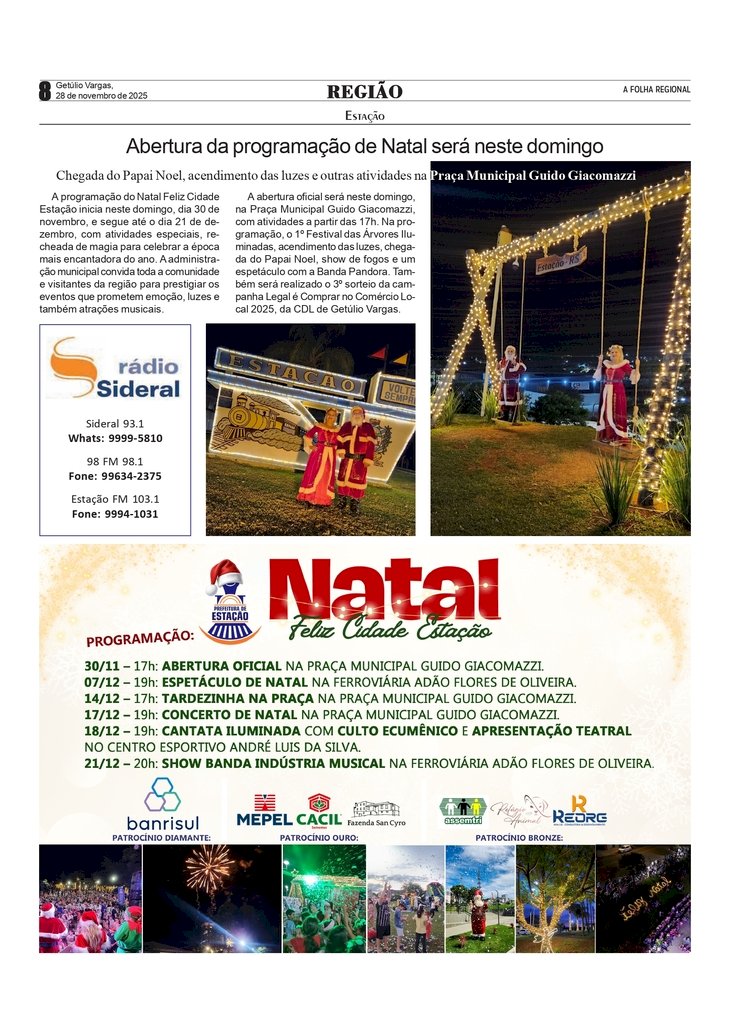 Abertura da programação de Natal de Estação será neste domingo