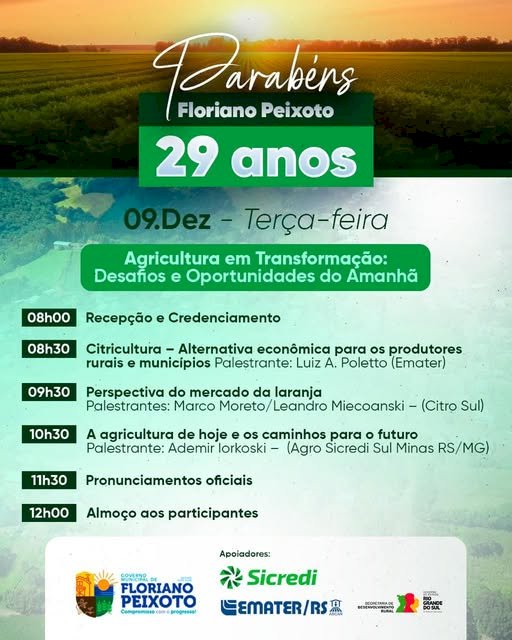 Floriano Peixoto 29 Anos – Programação especial com foco no setor primário