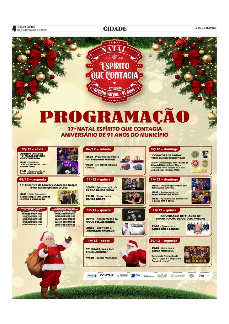 Programação do 17º Natal Espírito que Contagia  e Aniversário de 91 Anos do Município de Getúlio Vargas