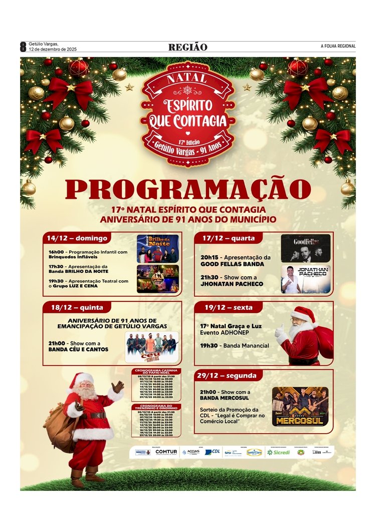Programação do 17º Natal Espírito que Contagia e Aniversário de 91 anos do Município de Getúlio Vargas