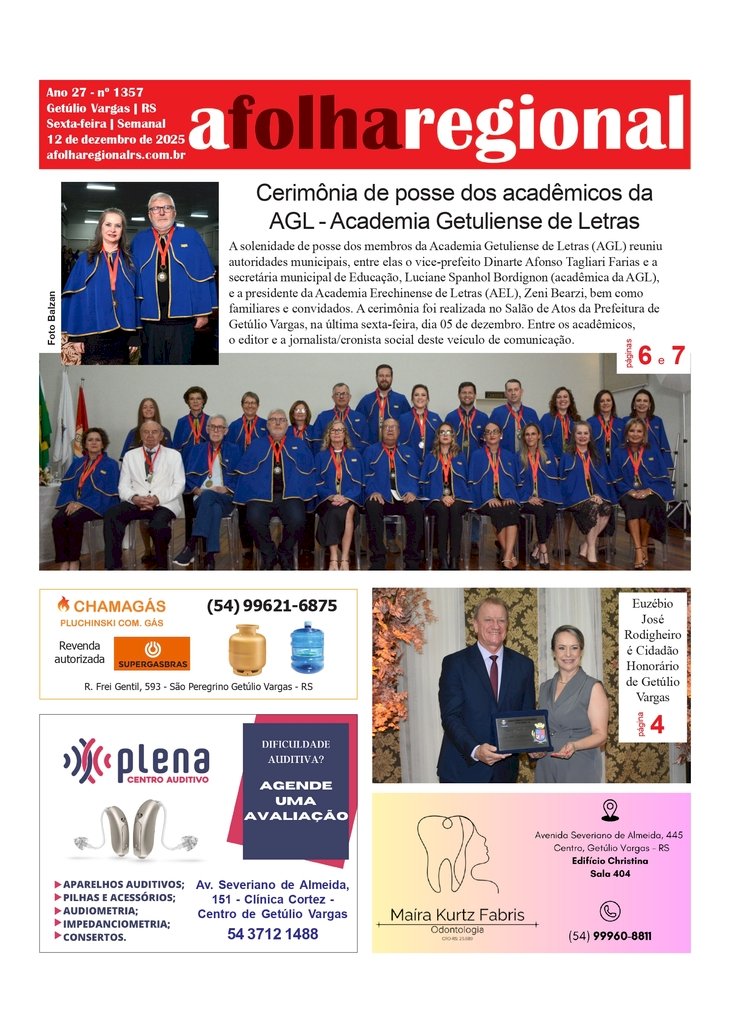 A FOLHA REGIONAL. ANO 27, Nº 1.357. Getúlio Vargas RS, 12 de dezembro de 2025.