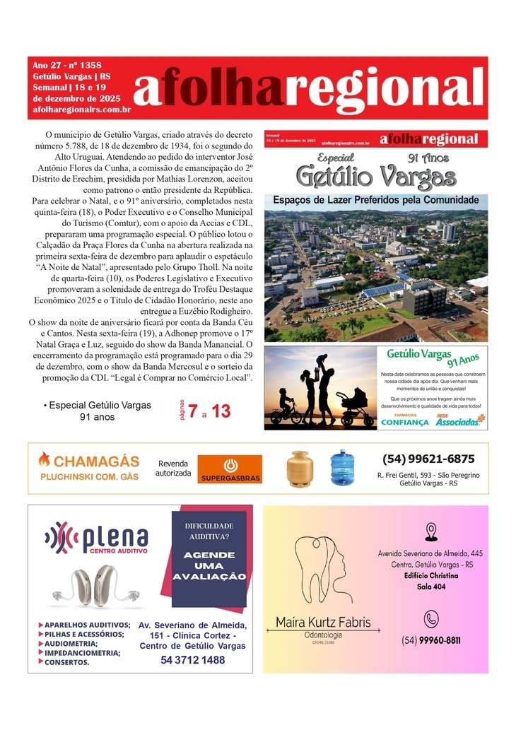 A FOLHA REGIONAL. ANO 27, Nº 1.358. Getúlio Vargas RS, 18 e 19 de dezembro de 2025.