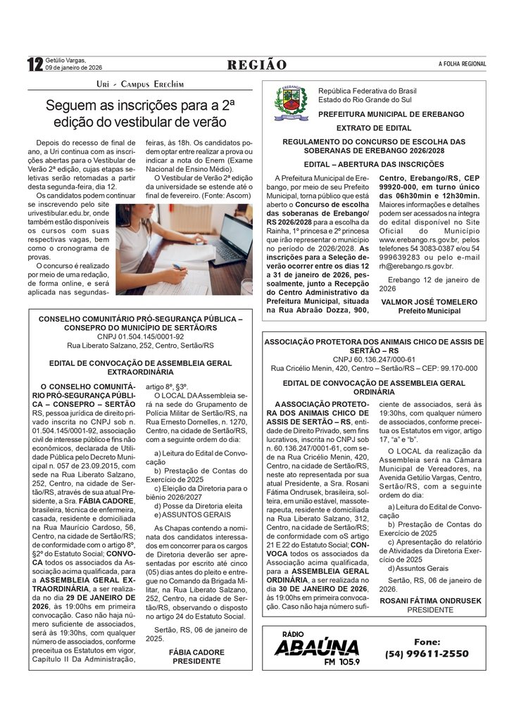 Vestibular de Verão 2º Edição – Continuam abertas as inscrições na URI  /  Publicidade Legal