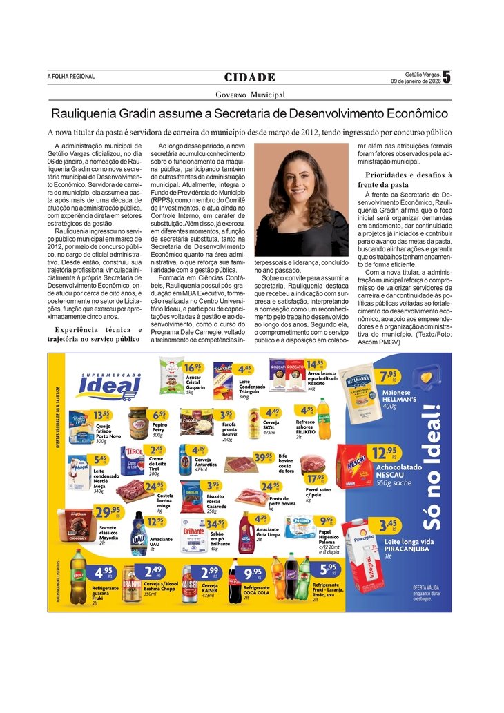 Rauliquenia Gradin assume a Secretaria Municipal de Desenvolvimento Econômico de Getúlio Vargas. Ofertas do Supermercado IDEAL