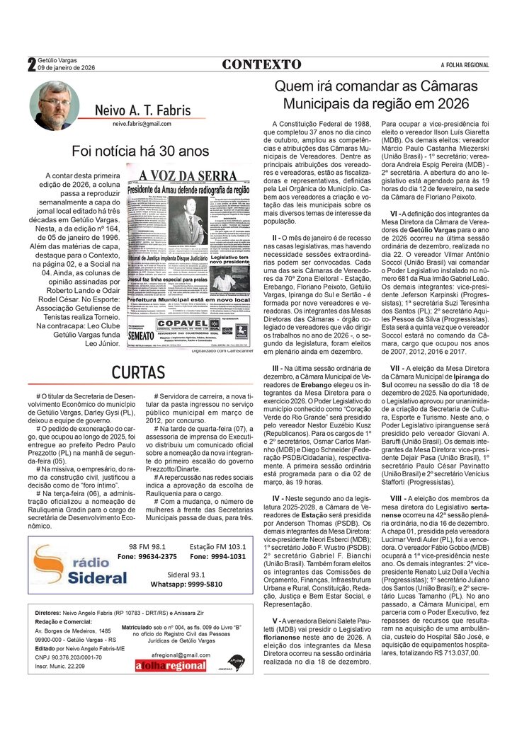Os presidentes das Câmaras de Vereadores em 2026. Por Neivo A T Fabris. Edição de 09/01/2026;