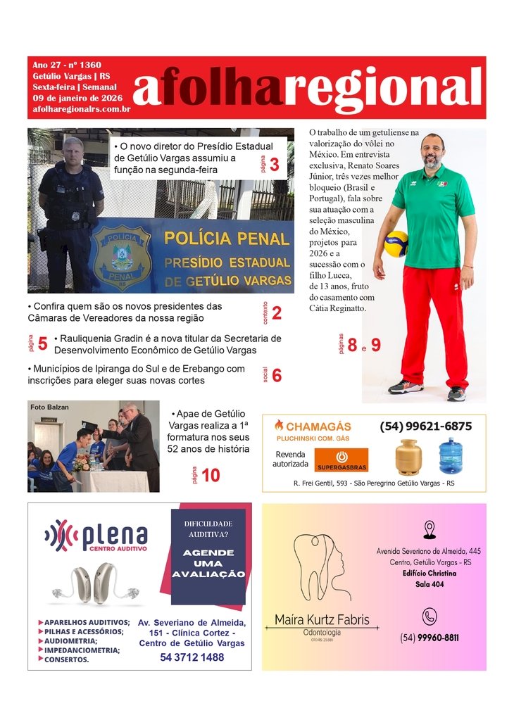 A FOLHA REGIONAL – Ano 27, nº 1.360. Getúlio Vargas RS, 09 de janeiro de 2026.