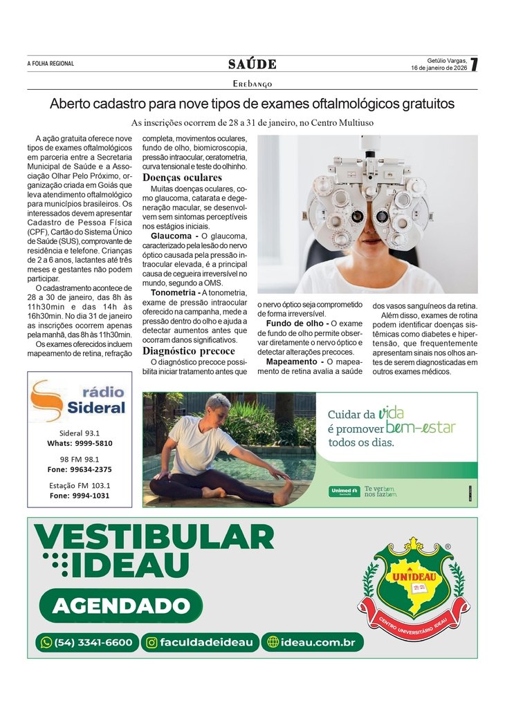 Aberto cadastro para nove tipos de exames oftalmológicos gratuitos em Erebango