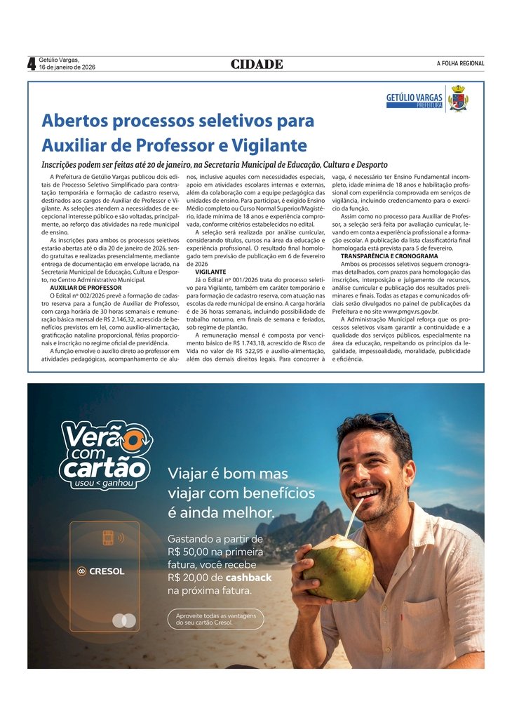 Prefeitura de Getúlio Vargas abre processos seletivos para Auxiliar de Professor e Vigilante