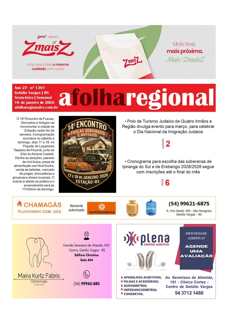 A FOLHA REGIONAL – Ano 27, nº 1.361. Getúlio Vargas RS, 16 de janeiro de 2026.