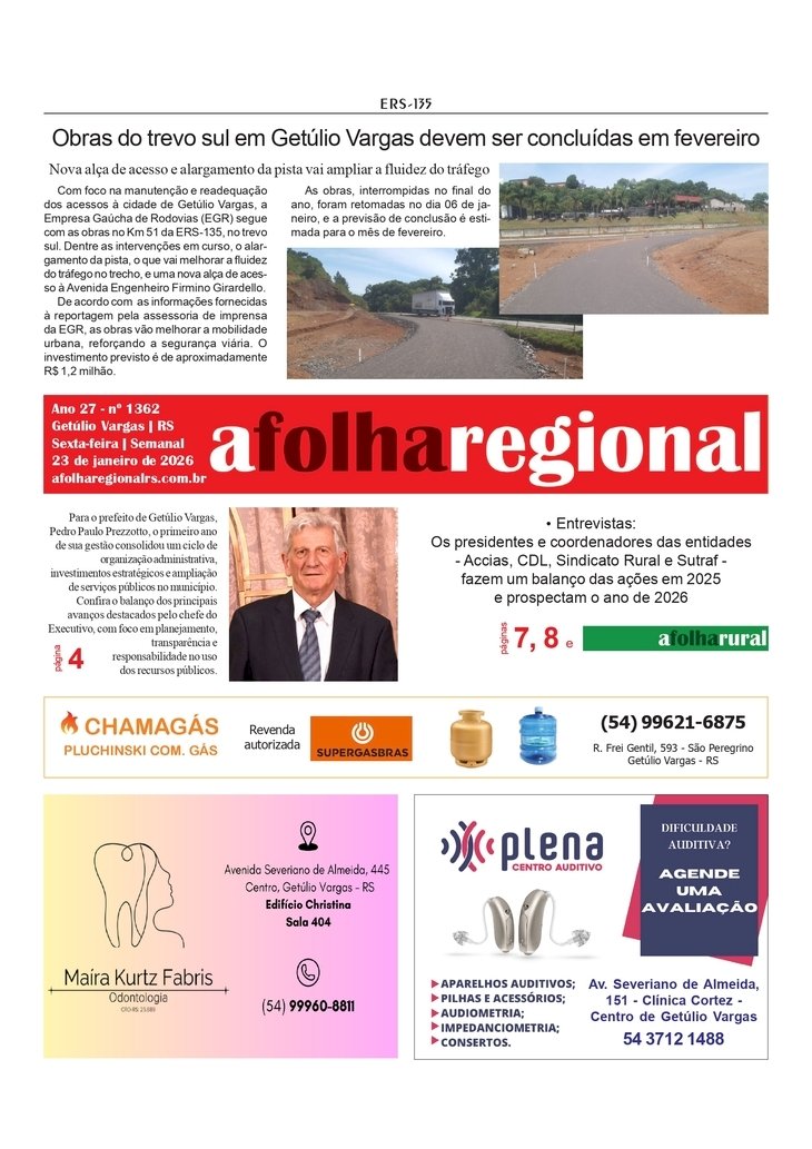 A FOLHA REGIONAL. Ano 27, nº 1.362. Getúlio Vargas RS, 19 de janeiro de 2026.