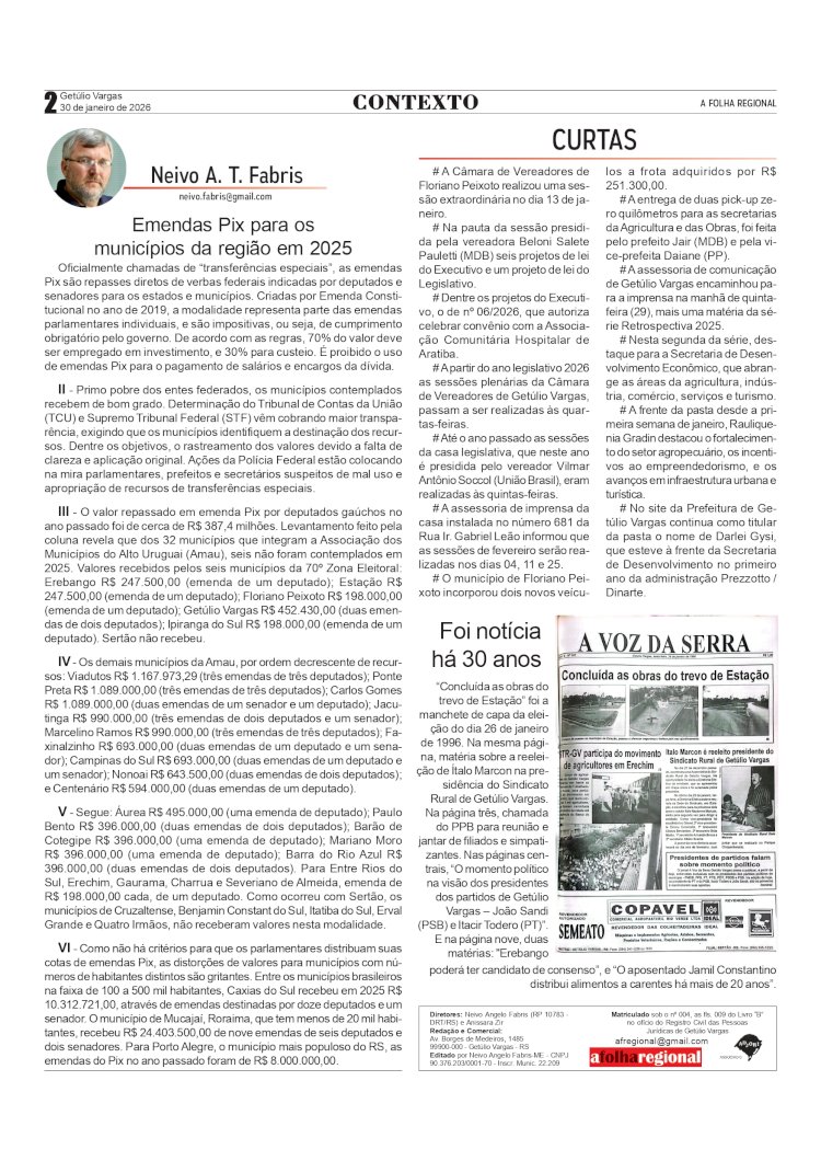 Emendas Pix para os municípios da região em 2025 Por Neivo A T Fabris. Edição 30/01/2026