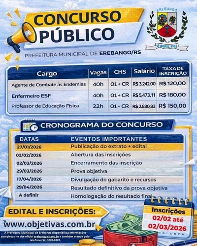 Abertas as inscrções para Concurso Público na Prefeitura de Erebango