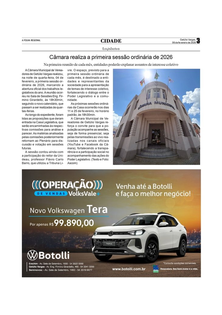 Câmara de Getúlio Vargas realiza a primeira sessão ordinária de 2026