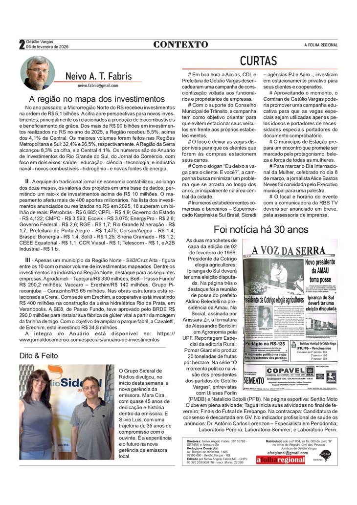 A região no mapa dos investimentos, por Neivo A T Fabris. Coluna de 06/02/2026