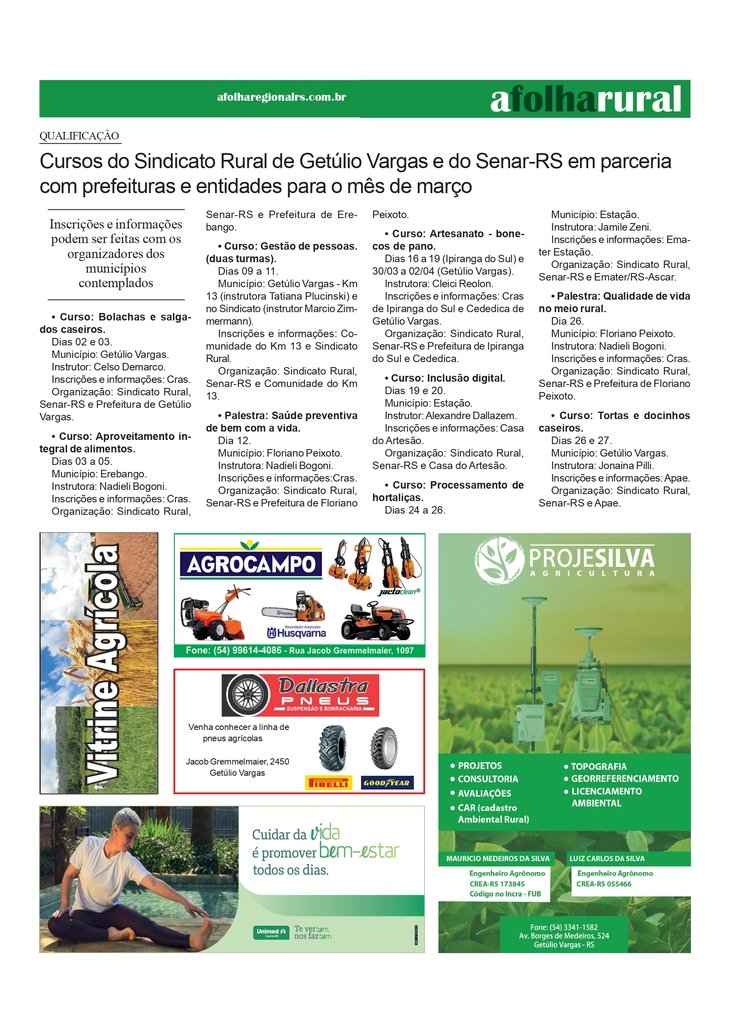 Cursos do Sindicato Rural de Getúlio Vargas e do Senar-RS em parceria com prefeituras e entidades para o mês de março