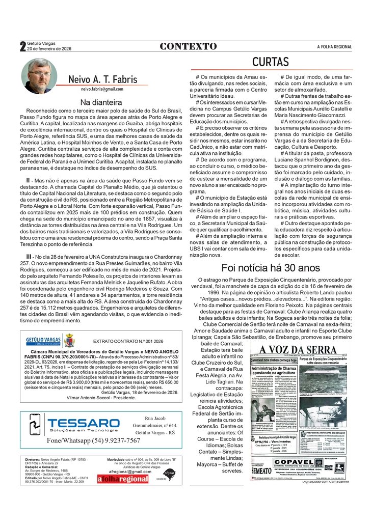 Na dianteira, por Neivo A T Fabris. Coluna da edição de 20/02/2026.