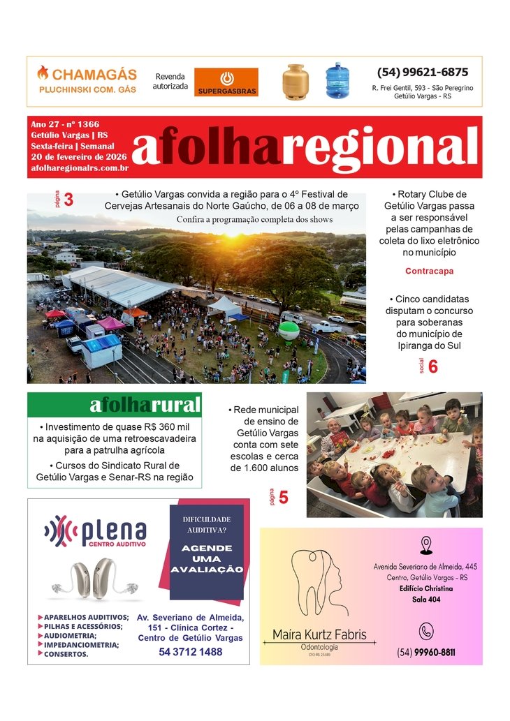 A FOLHA REGIONAL. Ano 27, nº 1.365. Getúlio Vargas RS, 20 de fevereiro de 2026.