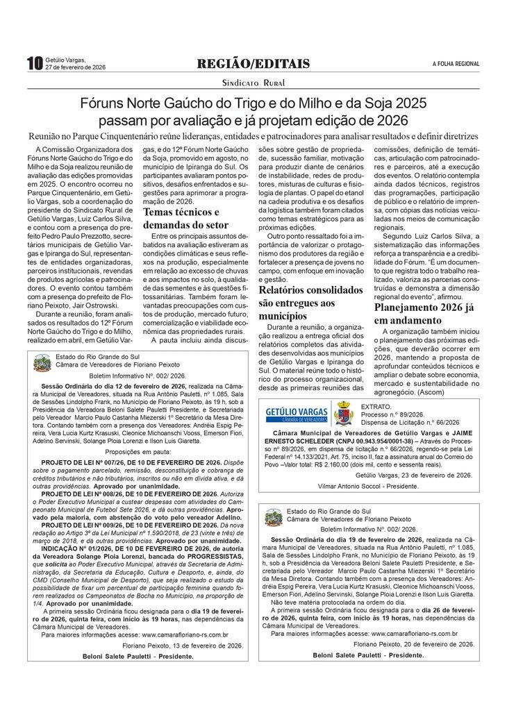 Sindicato Rural - Fóruns Norte Gaúcho do Trigo e do Milho e da Soja 2025 passam por avaliação e já projetam edição de 2026.  Editais e Boletins Legislativos