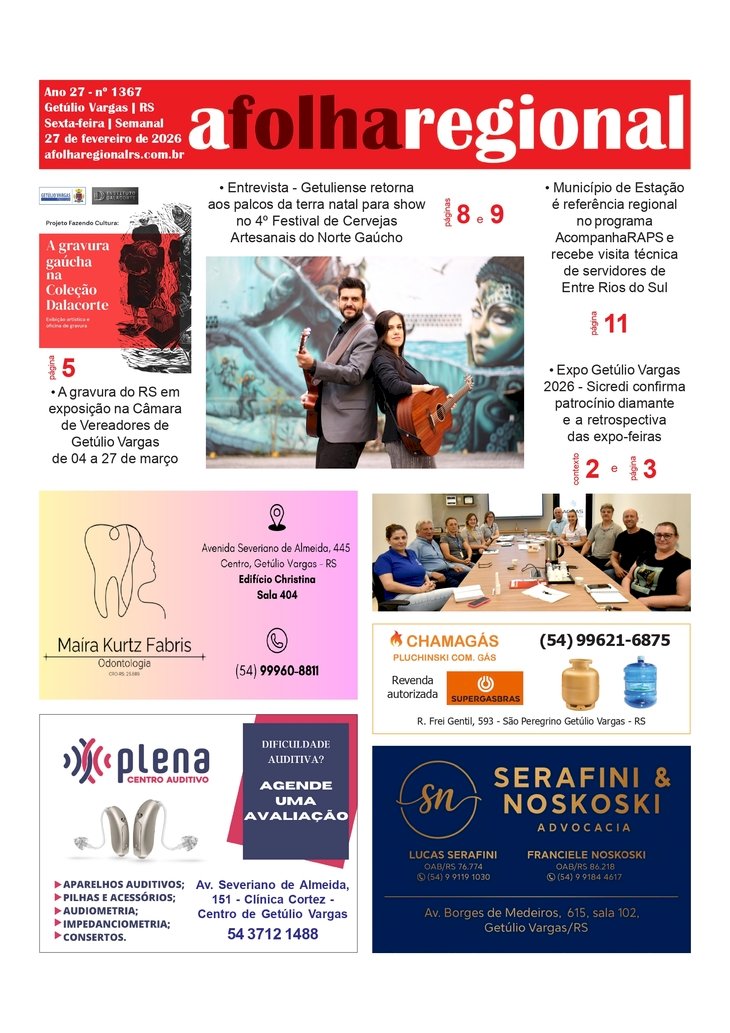 A FOLHA REGIONAL. Ano 27. Nº 1.366. Getúlio Vargas RS, 27 de fevereiro de 2026.