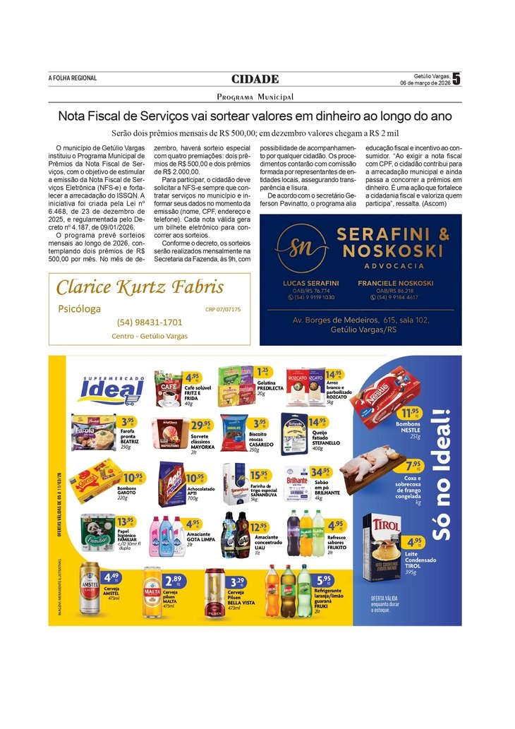 Nota Fiscal de Serviços vai sortear valores em dinheiro ao longo do ano em Getúlio Vargas