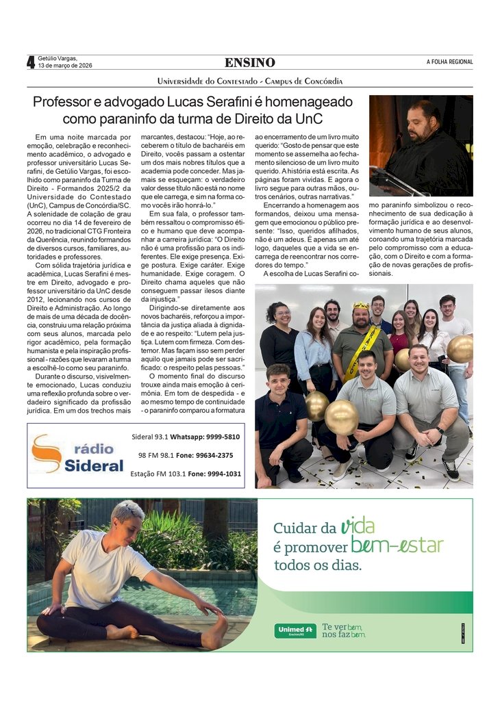 Professor e advogado Lucas Serafini é homenageado como paraninfo da turma de Direito da Universidade do Contestado - Campus de Concórdia