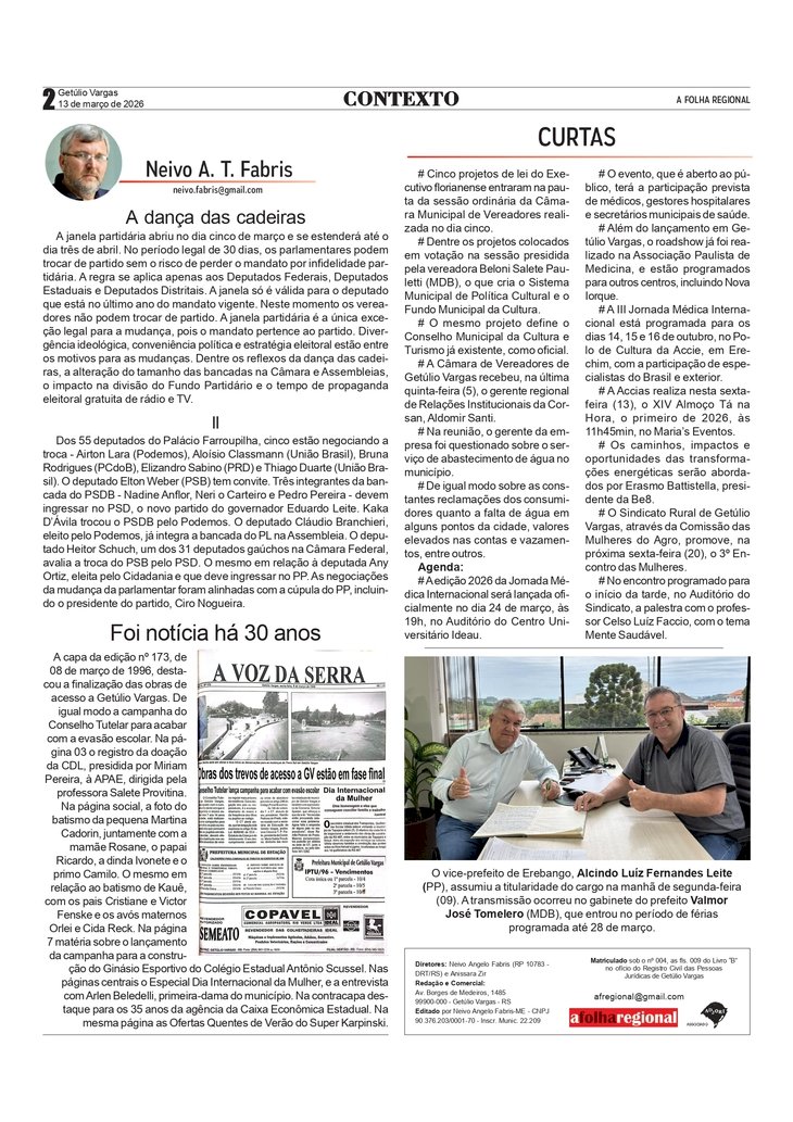 A dança das cadeiras, por Neivo A T Fabris. Edição 13/3/2026