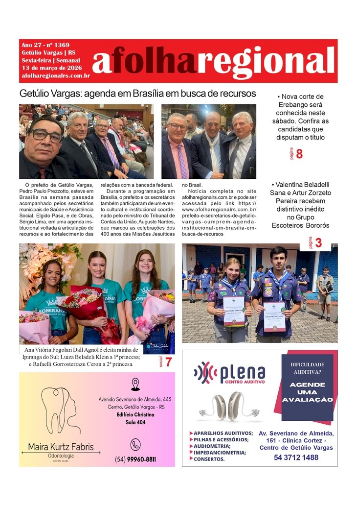 A FOLHA REGIONAL. Ano 27, nº 1.368, Getúlio Vargas RS, 13 de março de 2026.