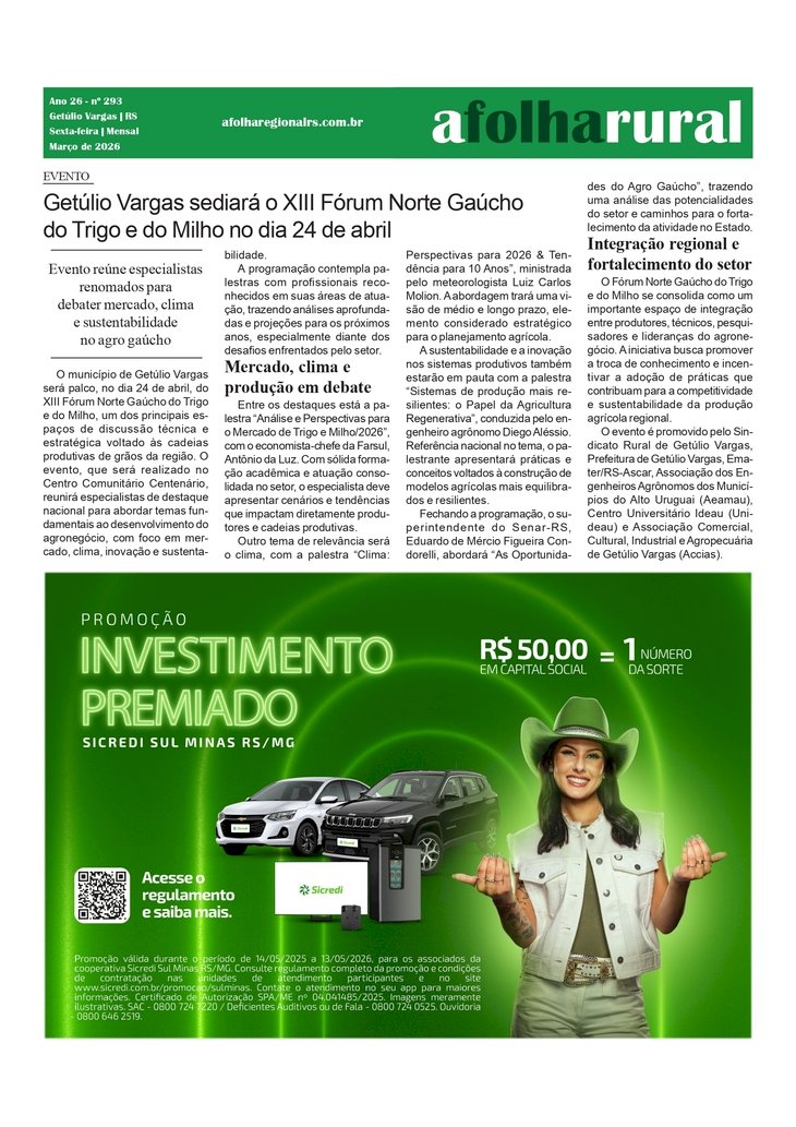 Getúlio Vargas sediará o XIII Fórum Norte Gaúcho do Trigo e do Milho no dia 24 de abril