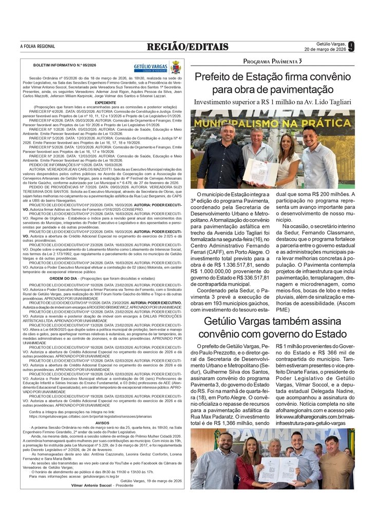 Recursos do Pavimenta 3 para Estação e Getúlio Vargas. / Boletim  nº 5 da Câmara de Vereadores