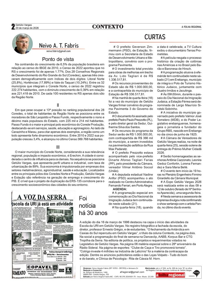 Ponto de vista. Por Neivo A T Fabris. Edição de 20/3/2026.