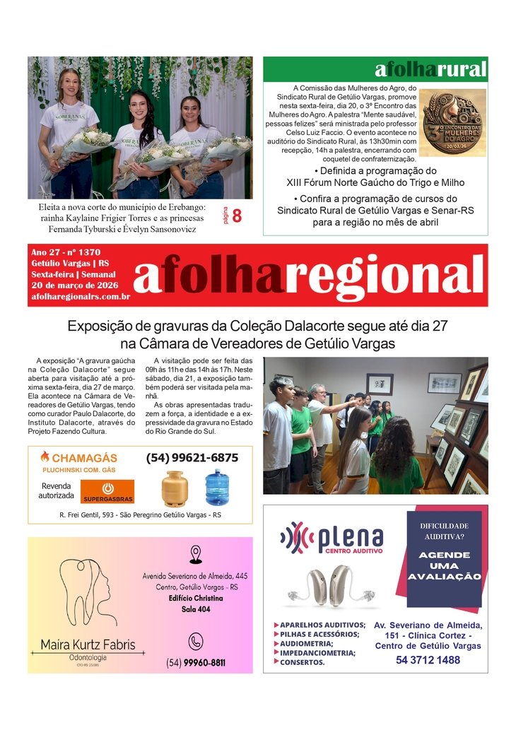 A FOLHA REGIONAL. Ano 27, nº 1.369, Getúlio Vargas RS, 20 de março de 2026.