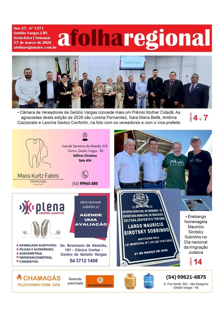 A FOLHA REGIONAL, Ano 27, nº 1.370. Getúlio Vargas RS, 27 de março de 2026.