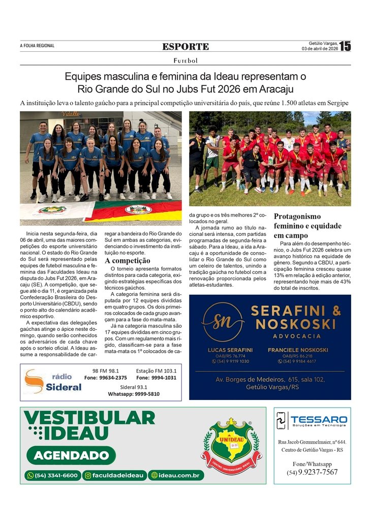 Equipes masculina e feminina da Ideau representam o Rio Grande do Sul no Jubs Fut 2026 em Aracaju