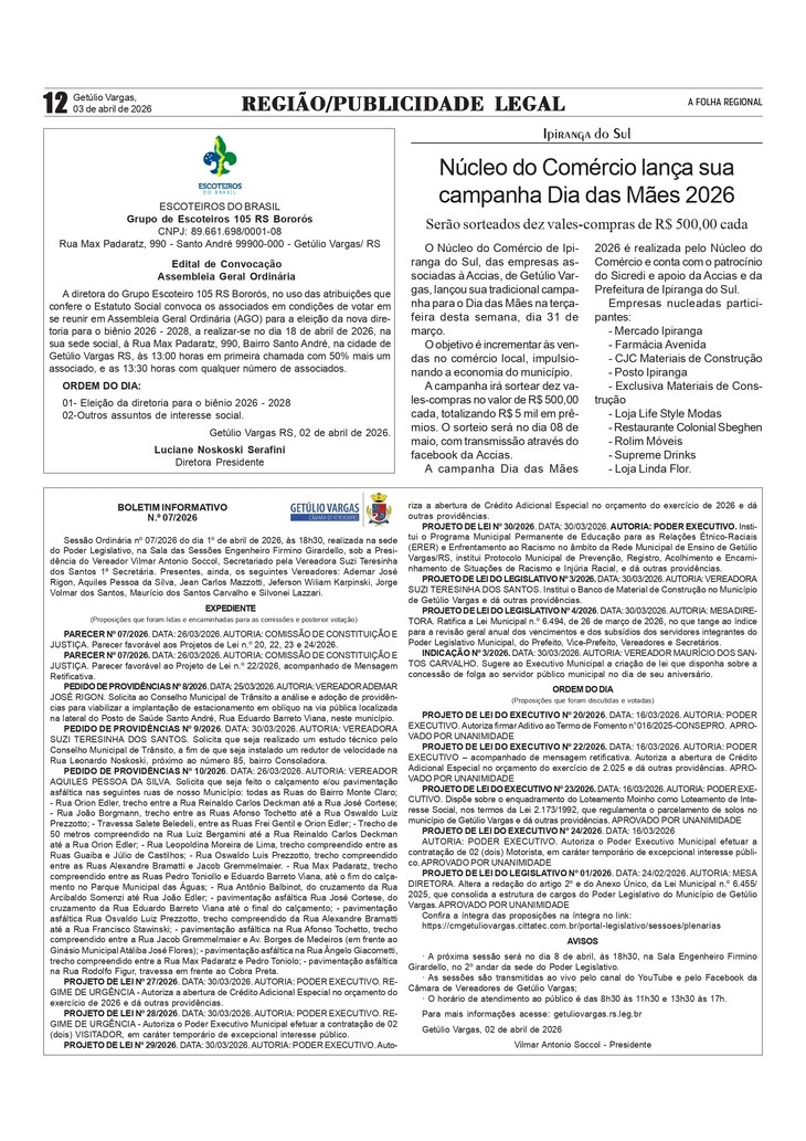 Edital de Convocação Assembleia Geral Ordinária do Grupo de Escoteiros 105 RS Bororós.