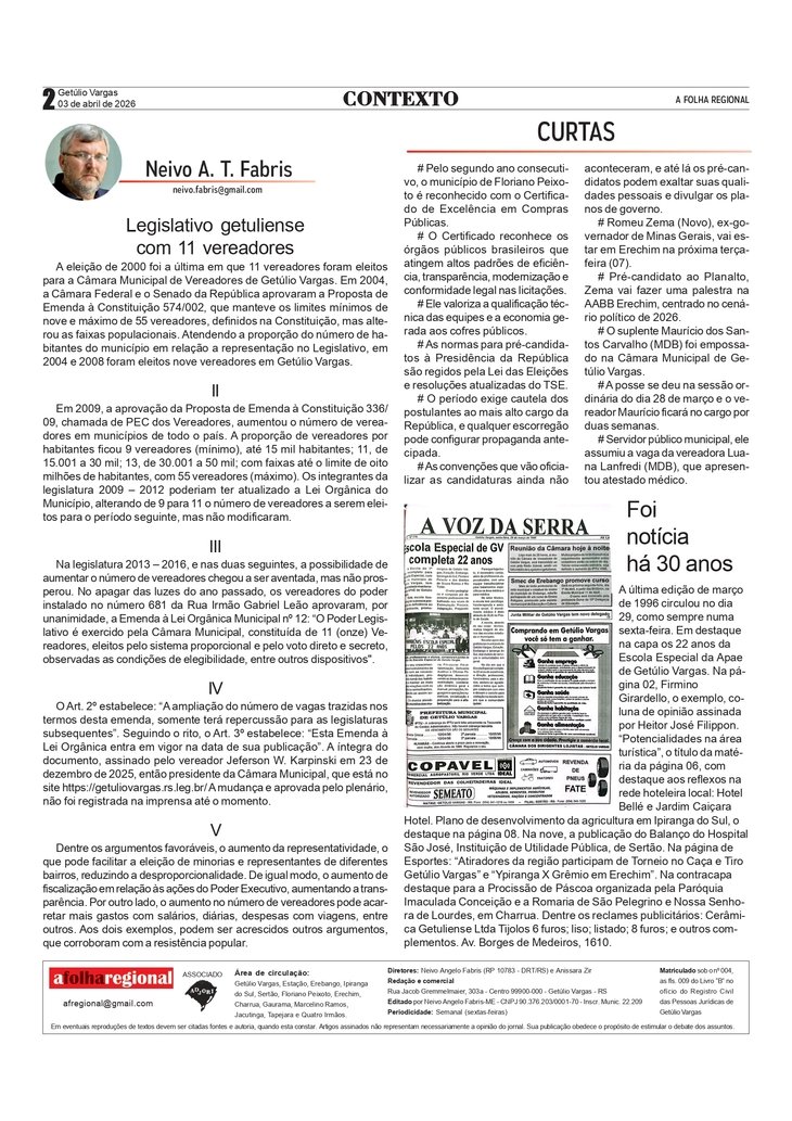 Legislativo getuliense com 11 vereadores, por Neivo A T Fabris. Edição 03/4/2026