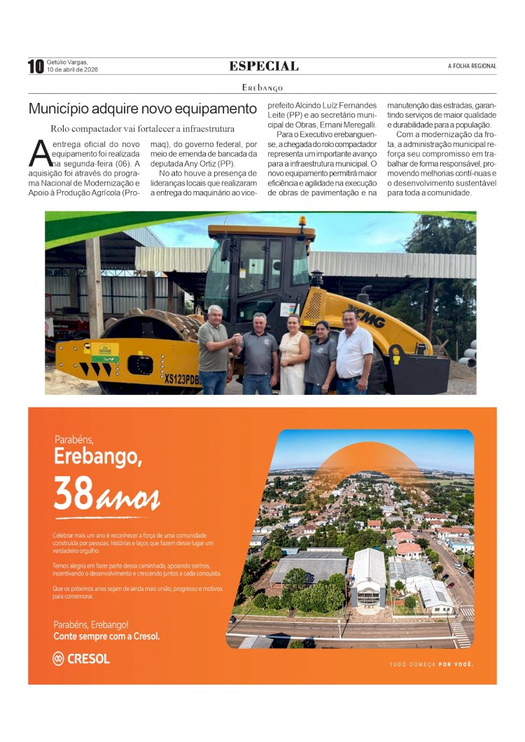 Erebango 38 Anos - Município adquire novo equipamento Rolo compactador vai fortalecer a infraestrutura