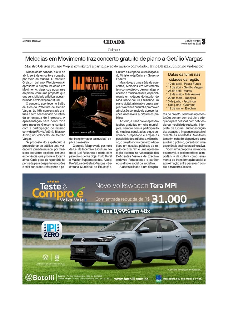 Melodias em Movimento traz concerto gratuito de piano a Getúlio Vargas