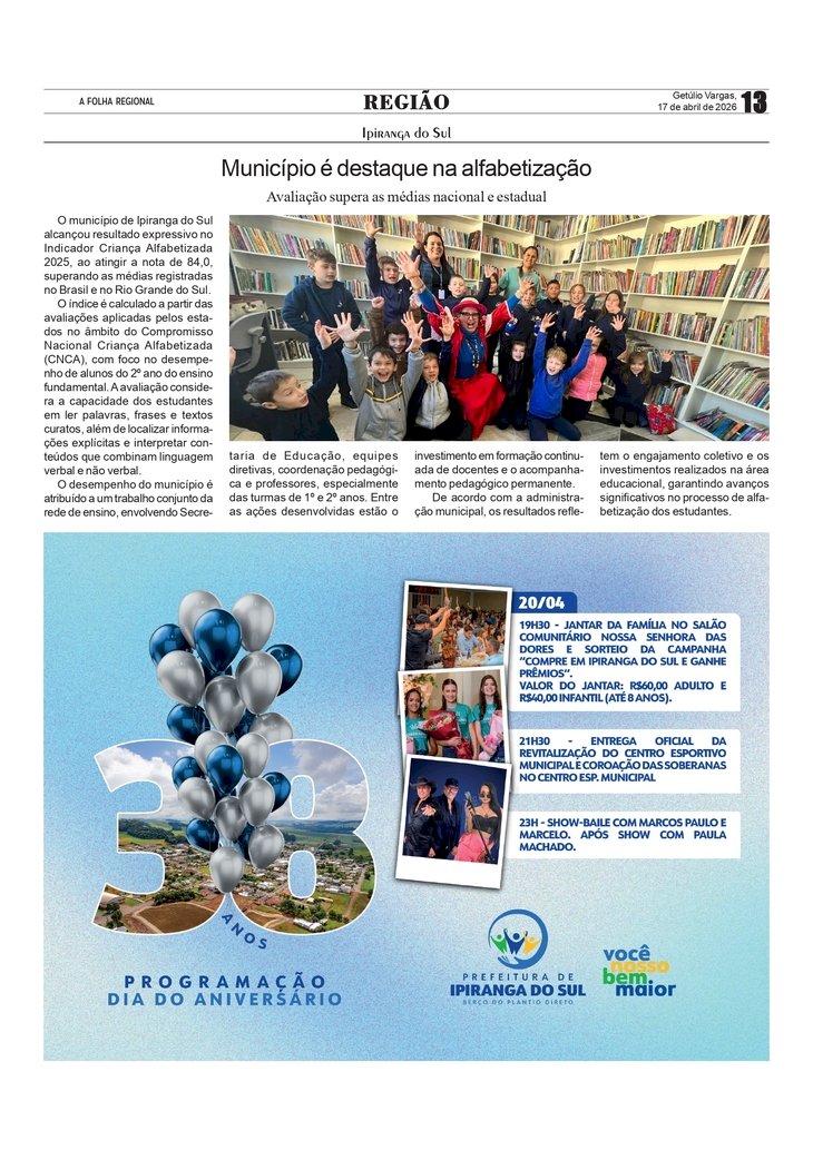 Ipiranga do Sul é destaque na alfabetização