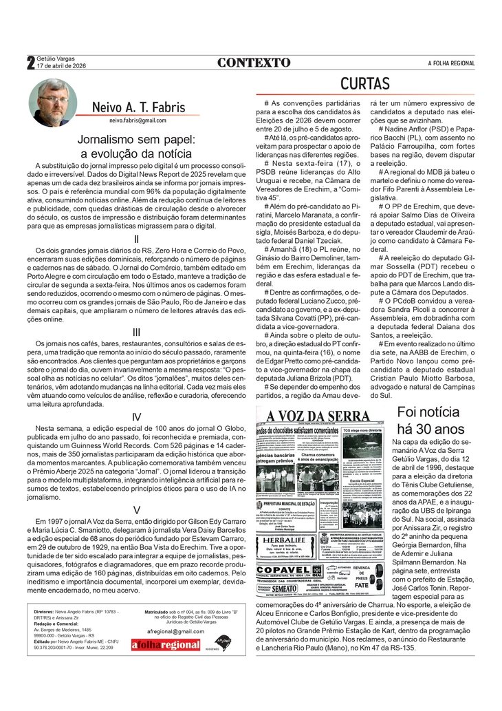 Jornalismo sem papel, por Neivo A T Fabris. Edição de 17/4/2027