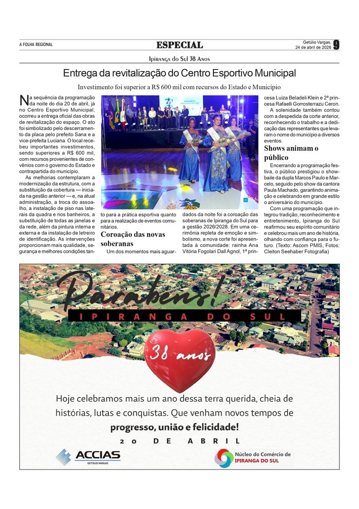 Ipiranga do Sul 38 Anos - Entrega da revitalização do Centro Esportivo Municipal