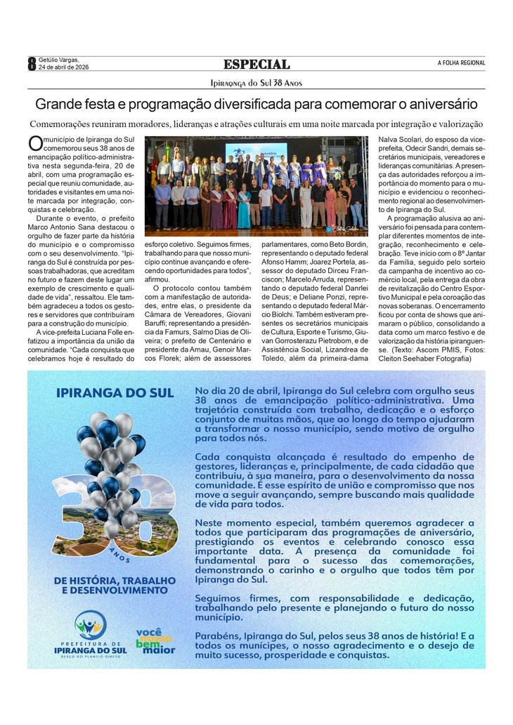 Ipiranga do Sul 38 Anos - Grande festa e programação diversificada para comemorar o aniversário.