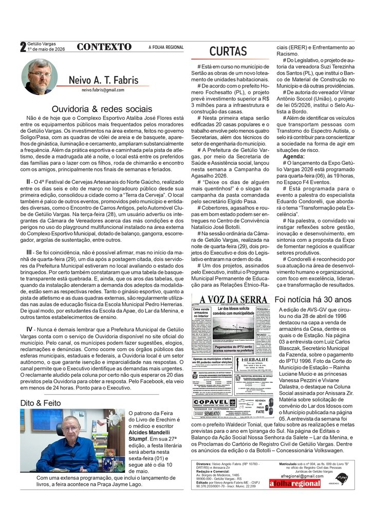 Ouvidoria & redes sociais, por Neivo A T Fabris. Edição 01/5/2026.
