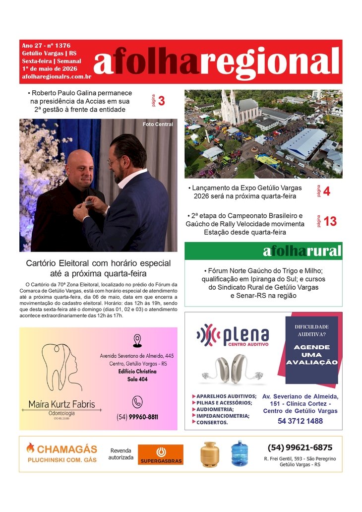 A FOLHA REGIONAL Ano 27, nº 1.376. Getúlio Vargas RS, 01 de maio de 2026.