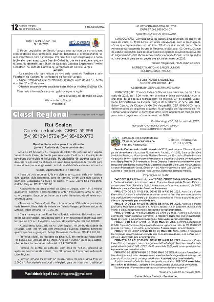 Editais / Classificados / Câmara de GV e de Floriano Peixoto