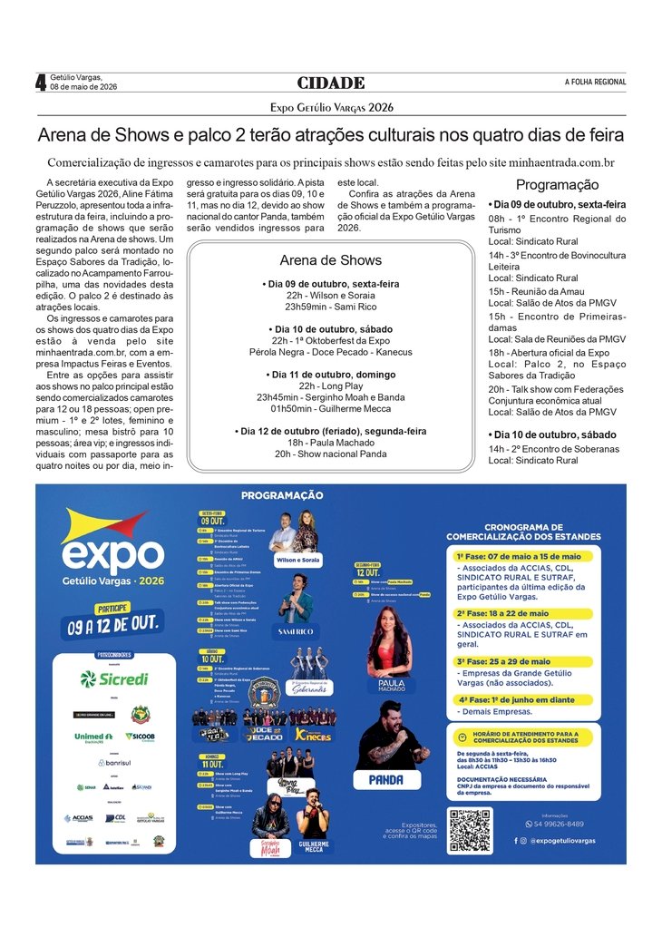 Expo Getúlio Vargas 2026 - Arena de Shows e palco 2 terão atrações culturais nos quatro dias de feira