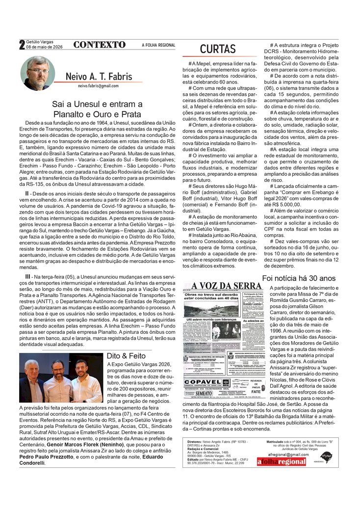 Sai a Unesul e entram a Planalto e Ouro e Prata, por Neivo A T Fabris. Edição de 08/5/2026