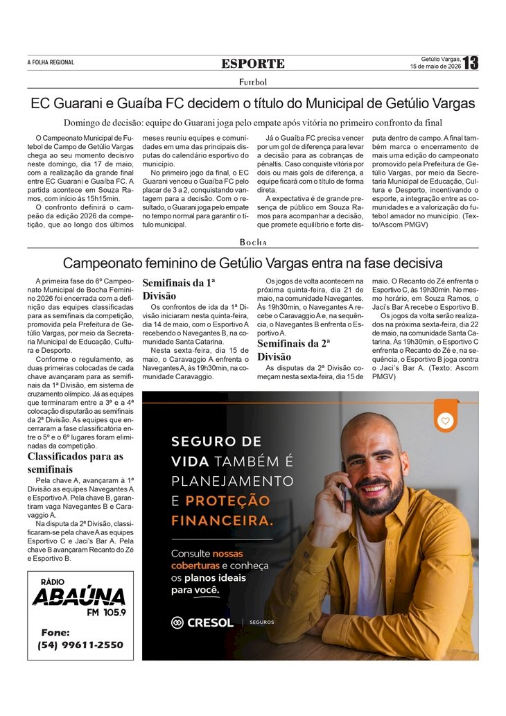 EC Guarani e Guaíba FC decidem o título do Municipal de Getúlio Vargas