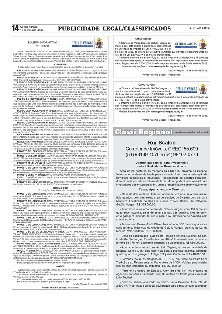 Boletim Informativo da Câmara de Vereadores de Getúlio Vargas. /  Editais /  Classificado Regional l