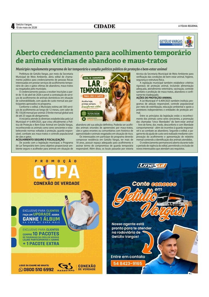 Prefeitura de Getúlio Vargas abre credenciamento para acolhimento temporário de animais vítimas de abandono e maus-tratos